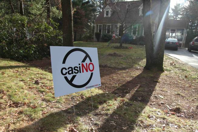 Signs like this, made and distributed by the No Foxboro Casino group, are placed in front yards all over Foxborough and the neighboring town of Walpole, registering locals' objections to plans for a casino.